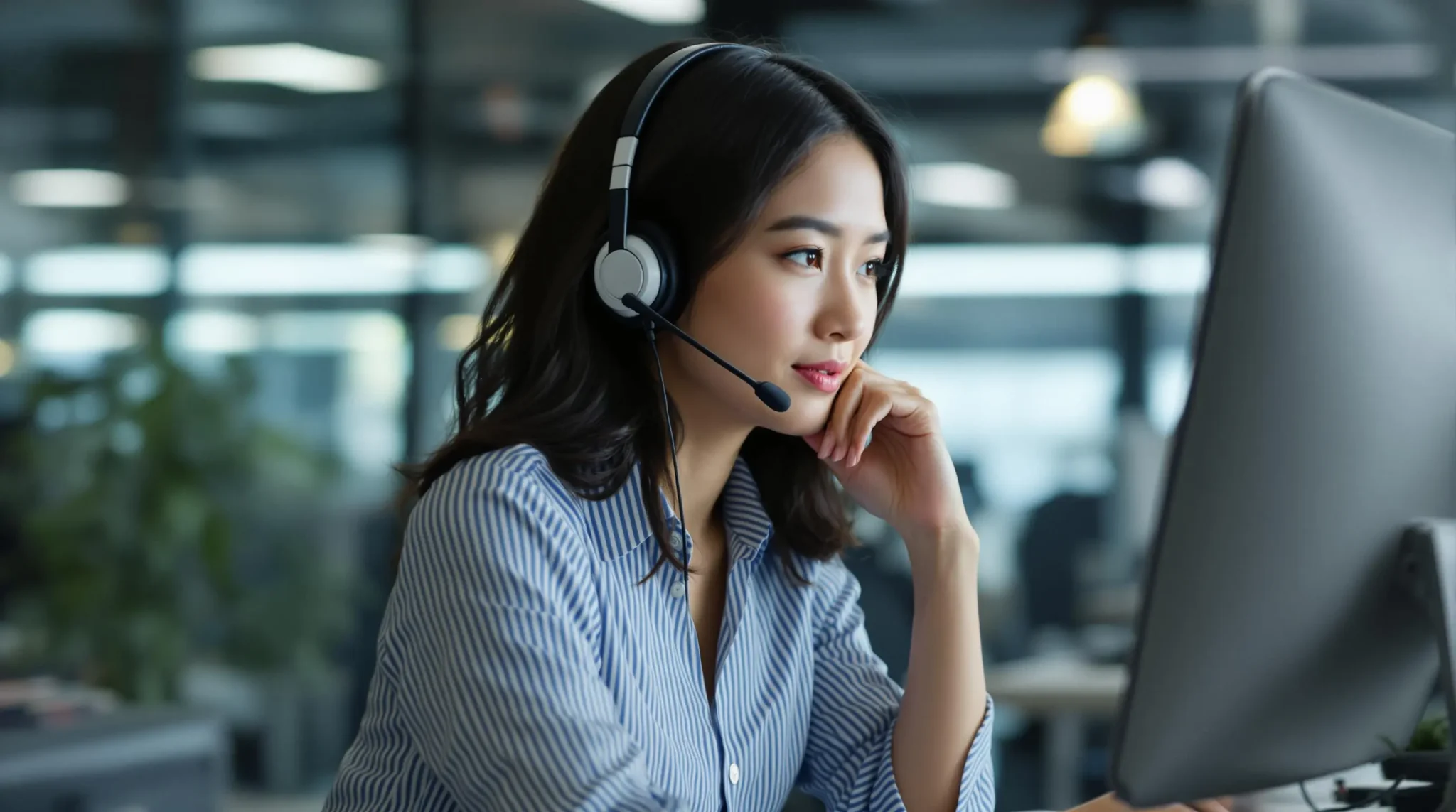 a filipino customer service rep, working from a BPO office in the Philippines
