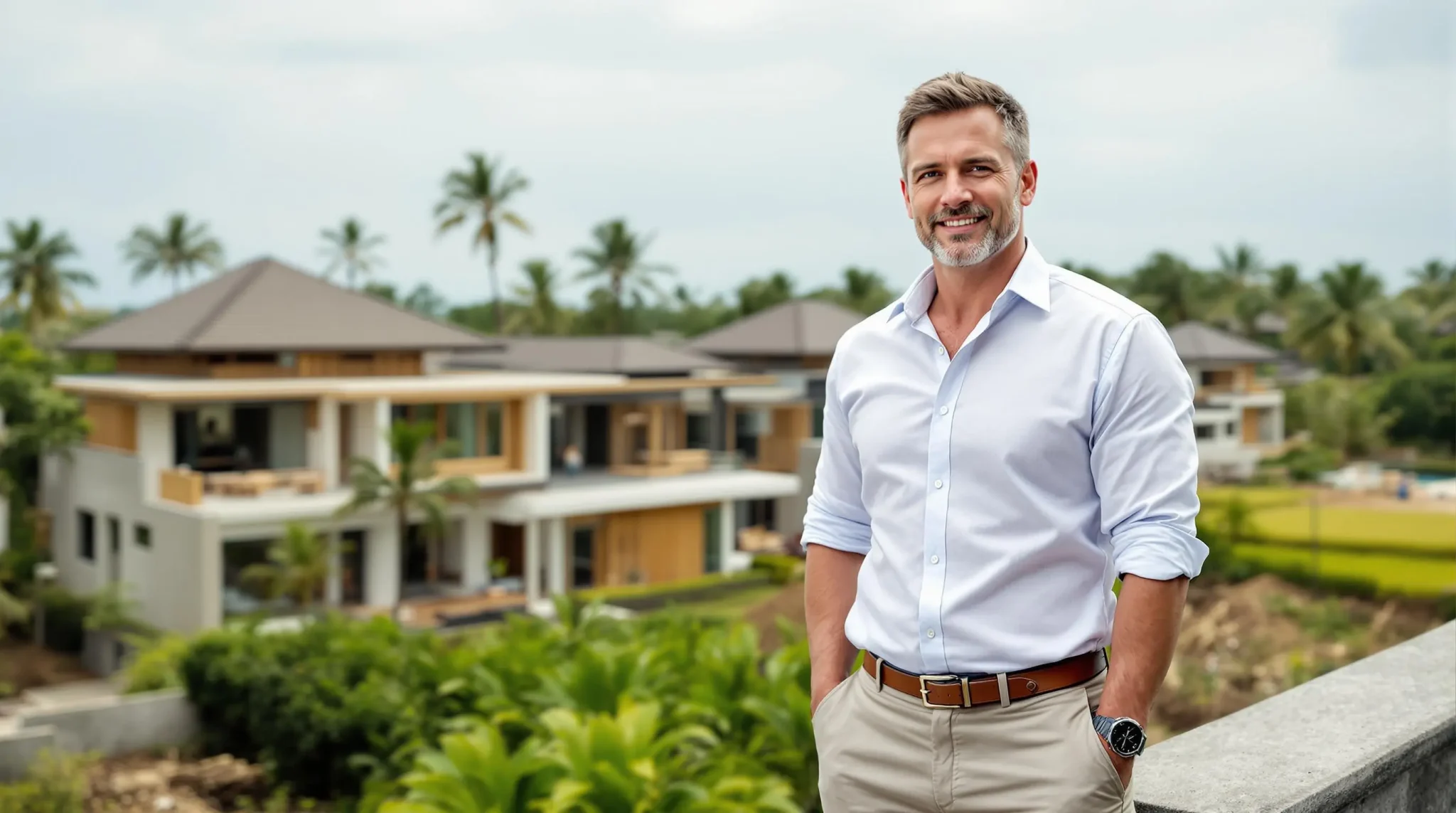 Investor standing outside his newly build villa complex in Bali,Indonesia.