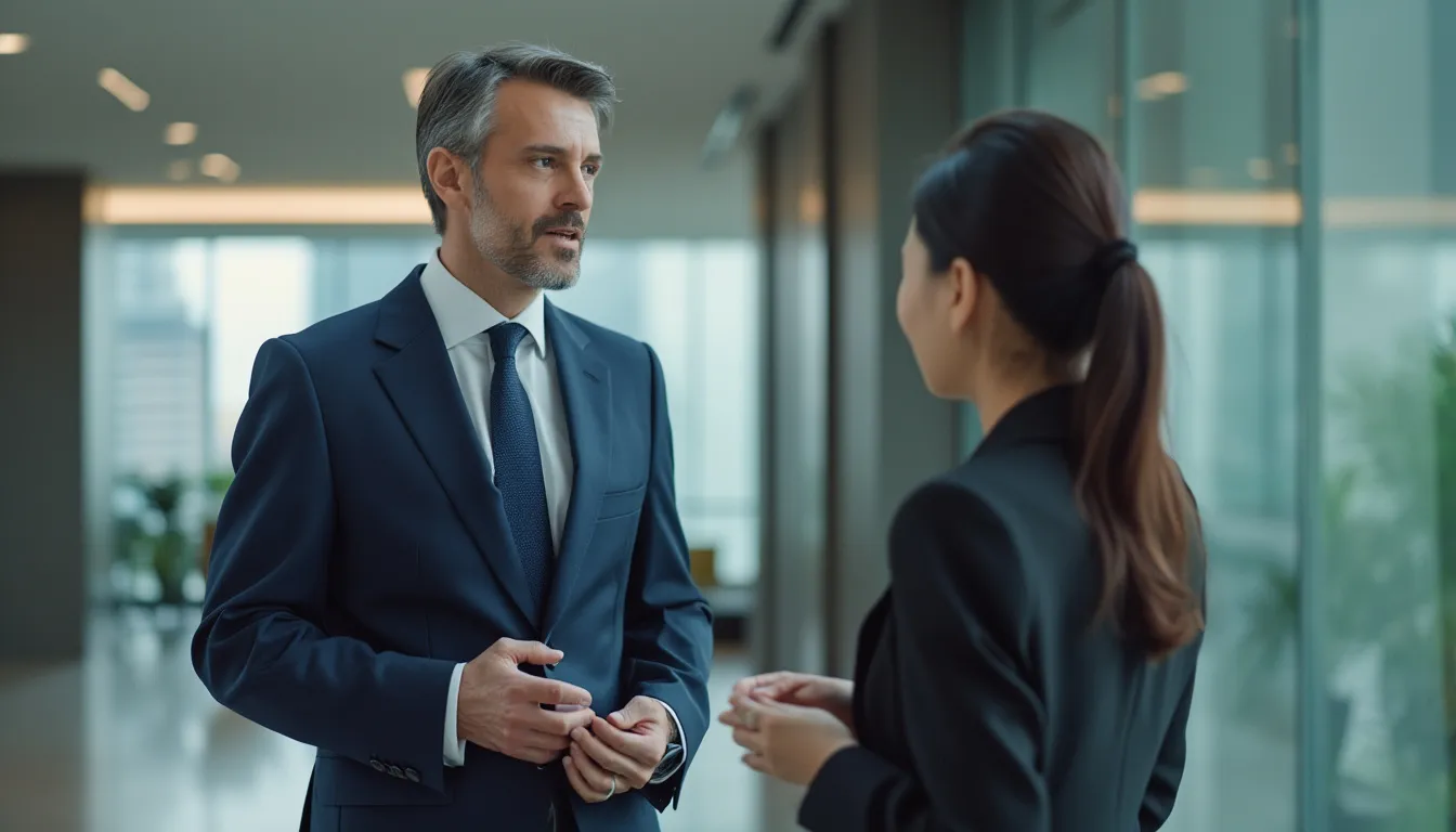 A European businessman speaking to an Asian businesswoman in an office.