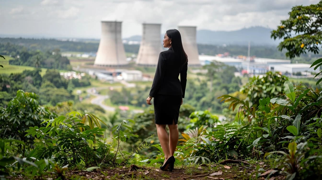 An Indonesian business consultant overlooking a large factory at the edge of a serene rain forest in Sumatera.