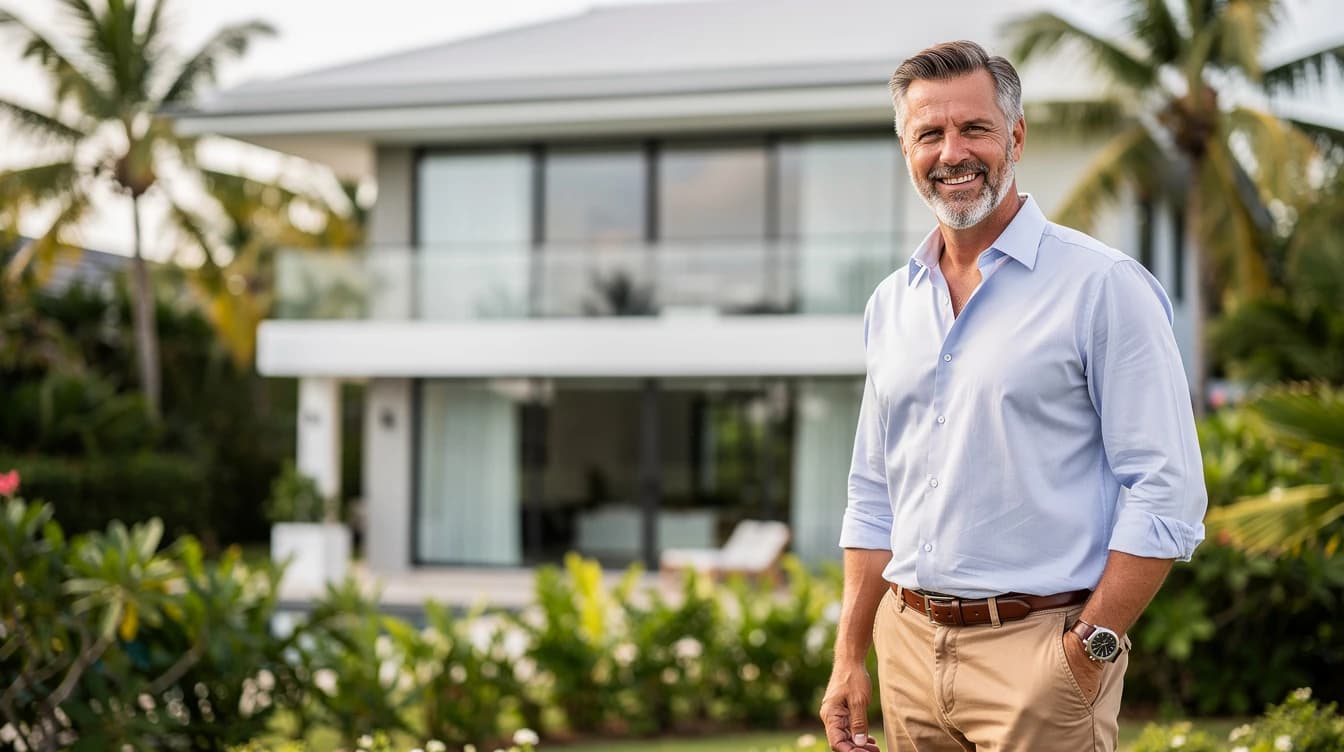 A foreign investor standing in front of his new villa in Bali