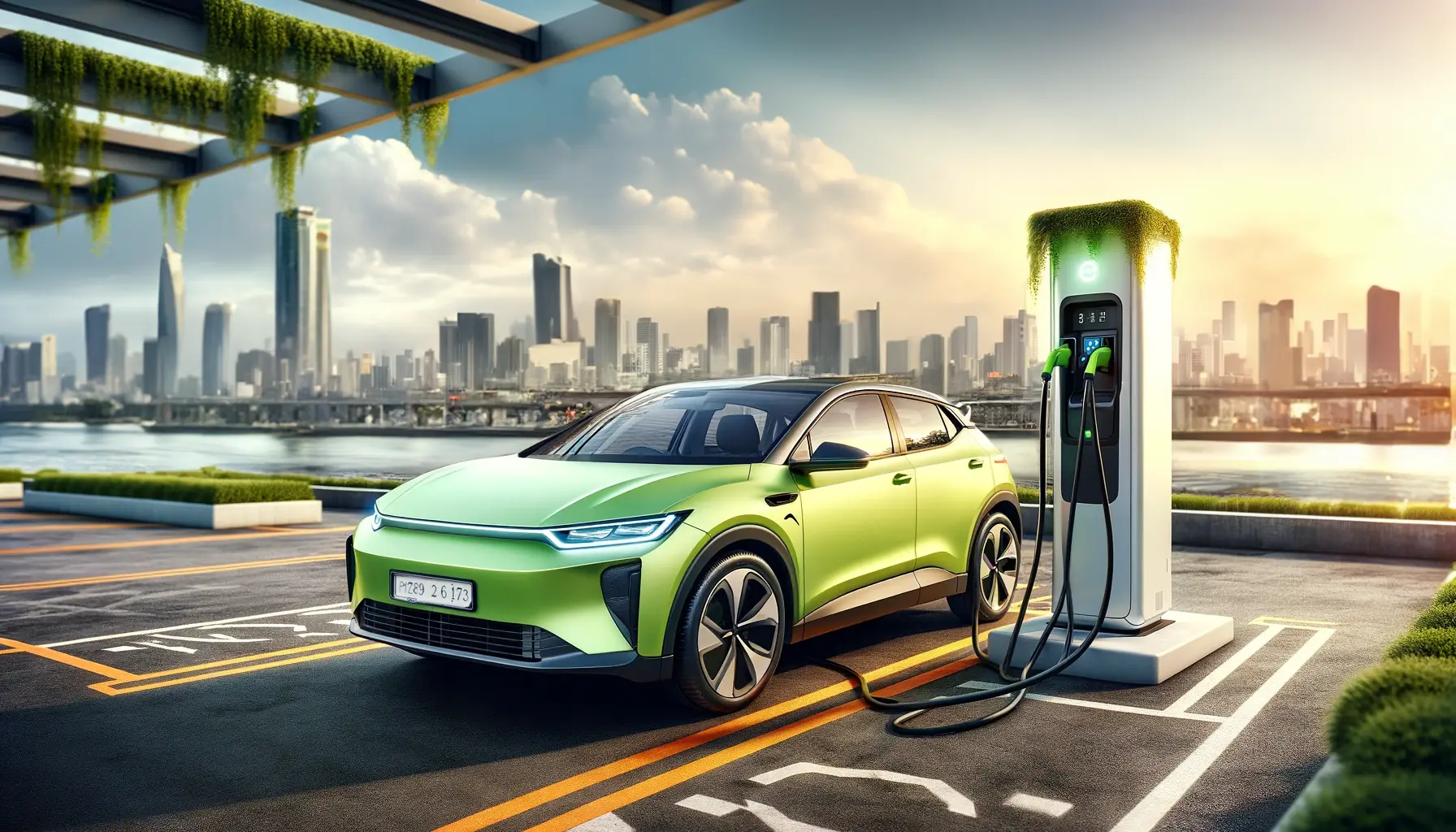 Illustration of an electric vehicle charging station in Jakarta.