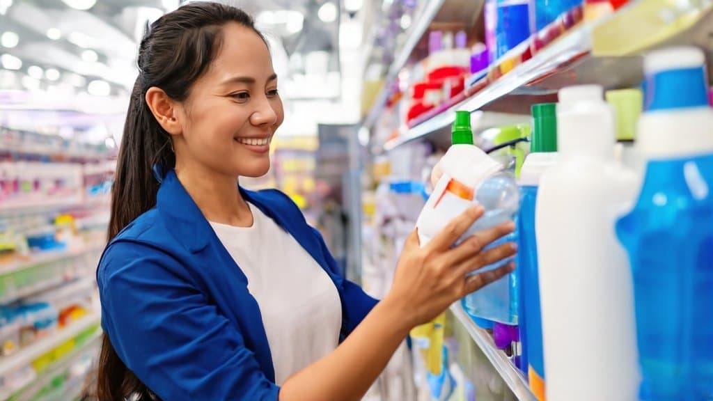 A shop clerk organising FDA-approved hazardous chemicals in the Philippines.