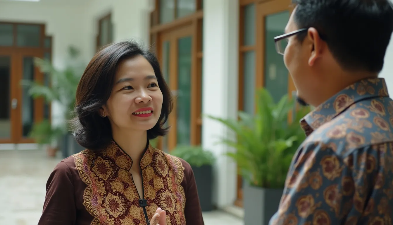 Woman in batik speaking with an Indonesian official