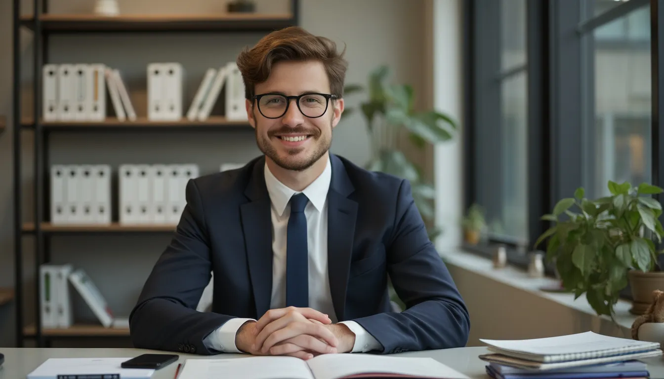 A brunette young man with glasses is smiling and sitting at his office desk