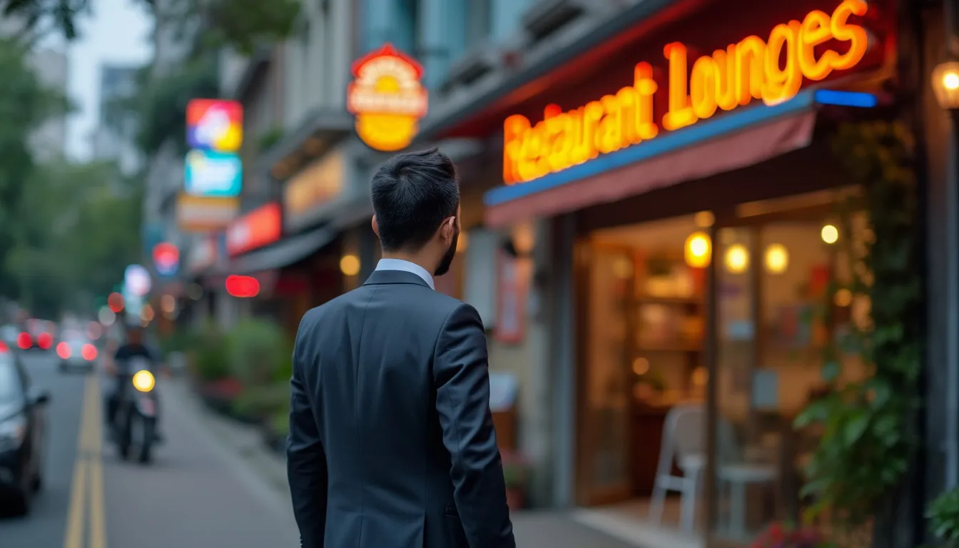 A businessman stands outside a row of restaurants on an urban street