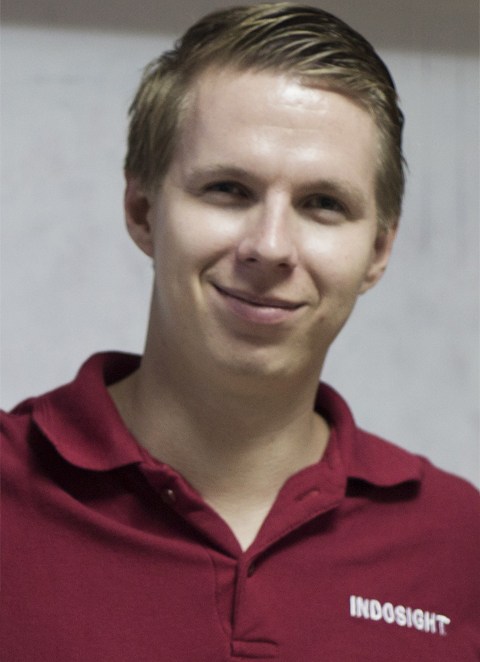 Lauri Lahi wearing one of the first Indosight corporate merchandise items, 2013.