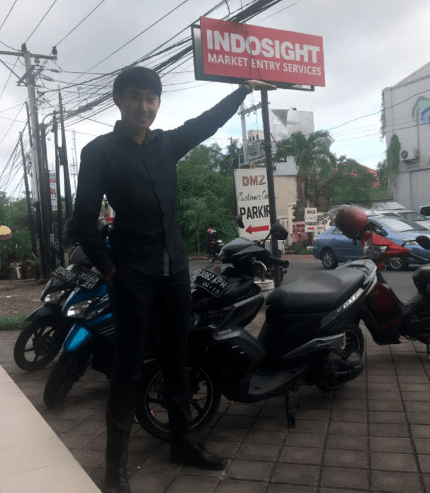 Our first office outside Jakarta — in Kuta, Bali, 2016. The Indosight sign was replaced soon after the Emerhub rebrand.