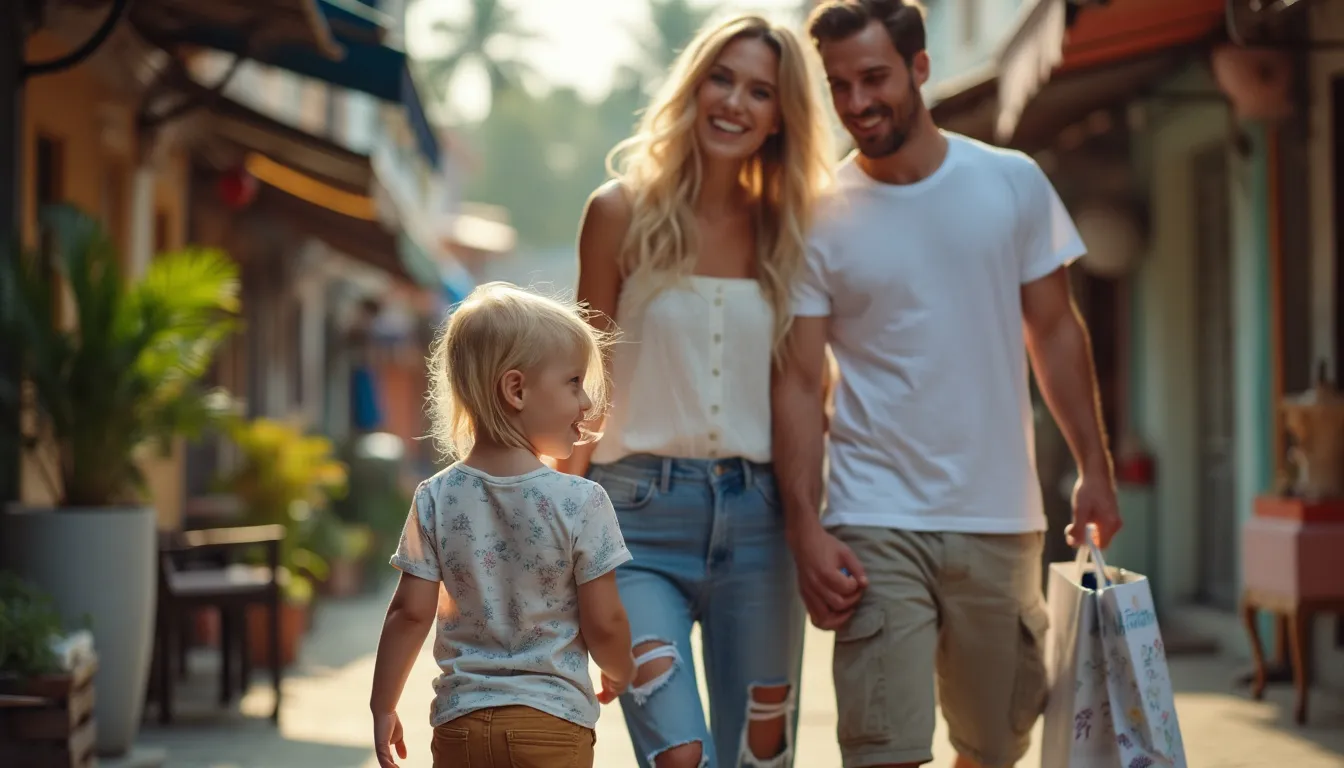 Happy family walking down Cambodia streets